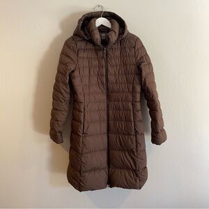 UNIQLO Ultra Light Down Long Puffer Coat Brown Women's Size S Removable Hood
